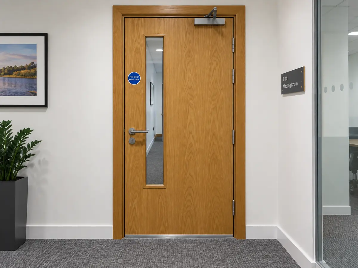 Timber fire door with a glazed vision panel and overhead closer